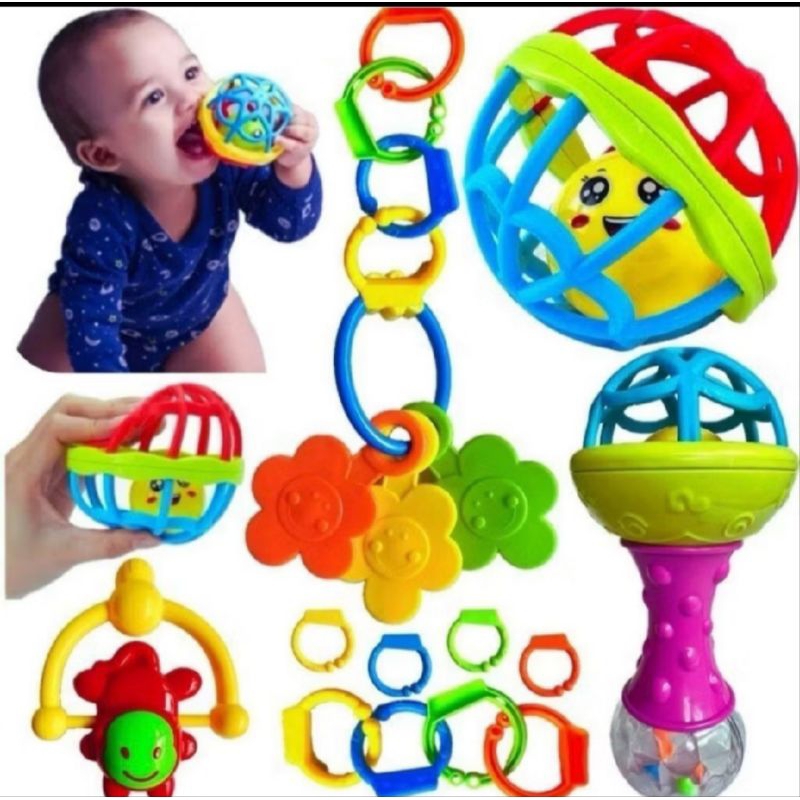 Kit 8 peças Mordedor para Bebe Sensorial Macio com Chocalho