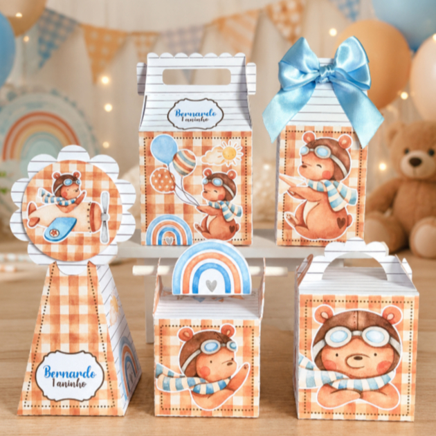 Caixas Tema Ursinho Aviador  Personalizadas