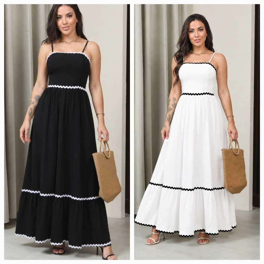 Vestido Longo Feminino Viscolino | Vestido com Lastex nas Costas | Alça Regulável | Babado | Vestido Casual Elegante | M