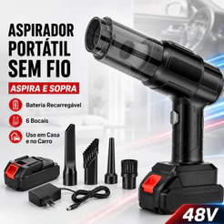 Aspirador de Pó e Soprador Portátil Sem Fio 48V com Bateria Recarregável e 6 Bocais