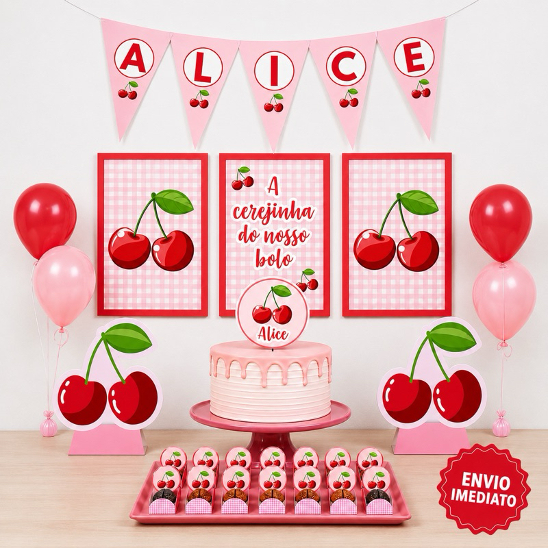 Kit festa Cerejinha - Cereja | Personalizado Bolinho Aniversário 70 itens Lembrancinha