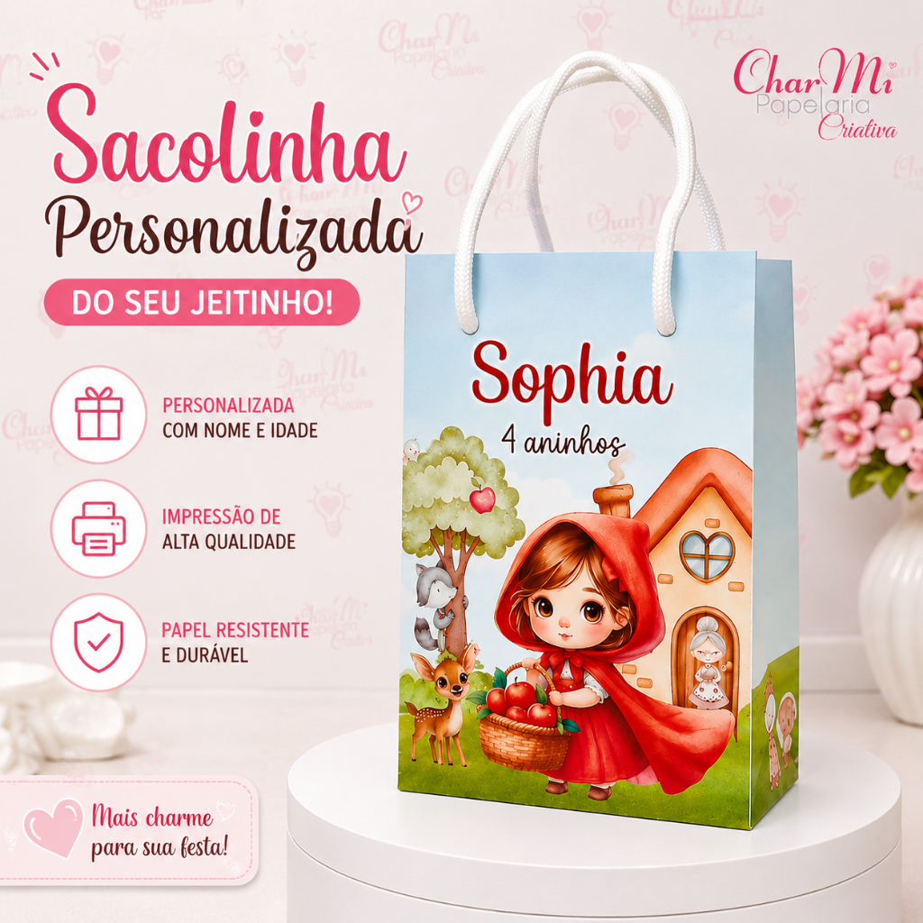 Sacolinha Personalizada | Tema Chapeuzinho Vermelho | Lembrancinha Sacola Surpresa| Alta Qualidade | 15x9,5cm