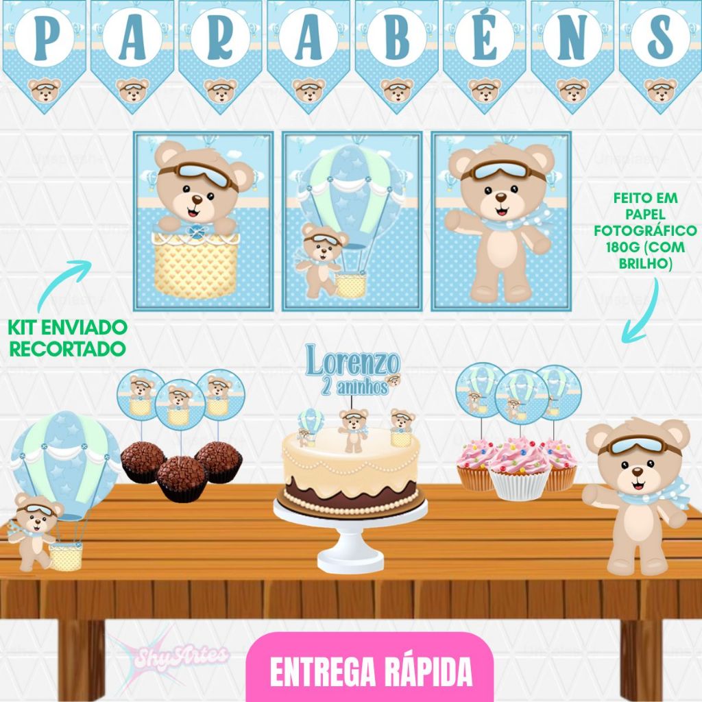 KIT FESTA URSINHO BALOEIRO PERSONALIZADO COMPLETO DECORAÇÃO FESTA INFANTIL TOPO DE BOLO E TAGS