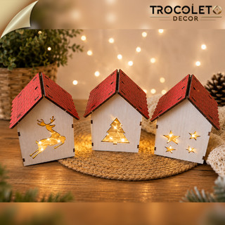 Trio de Casinhas Natalinas Brancas com LED ou VELA –Decoração de Natal com Pisca Pisca e Velas