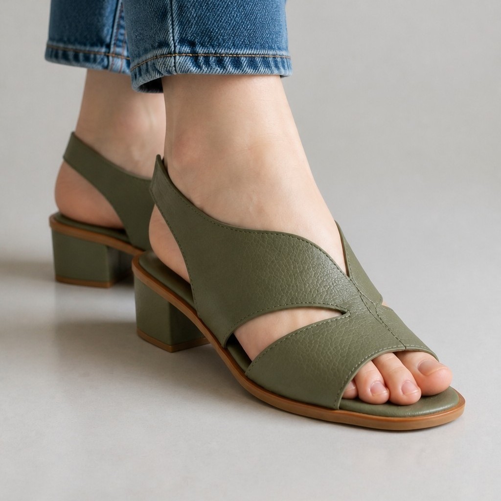 Sandália Feminina Couro Floater Verde Militar Salto Bloco 5cm Confortável Antiderrapante Palmilha Comfort Plus