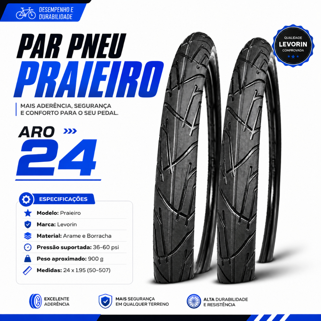Par Pneu Bicicleta Praieiro Levorin Aro 24 X 1.95 Slick Bike infantil Balão urbano arame