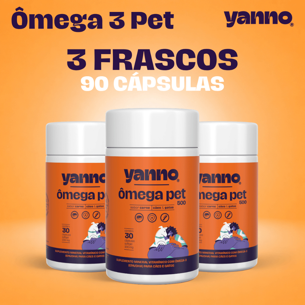 Kit Ômega 3 Pet Concentrado 90 Cápsulas DHA EPA Cães Gato Reduz Queda Pelos Coceira Pele Sabor Carne