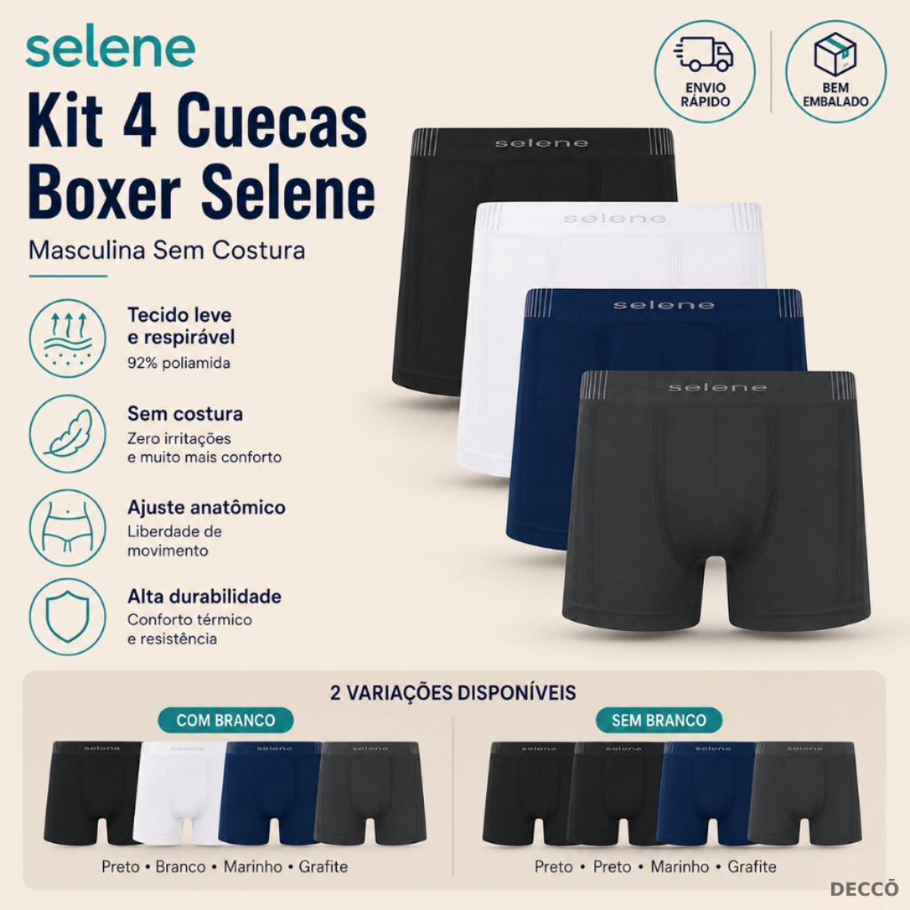 Kit 4 Cuecas Boxer Selene Masculina Sem Costura Poliamida Original Macias Confor