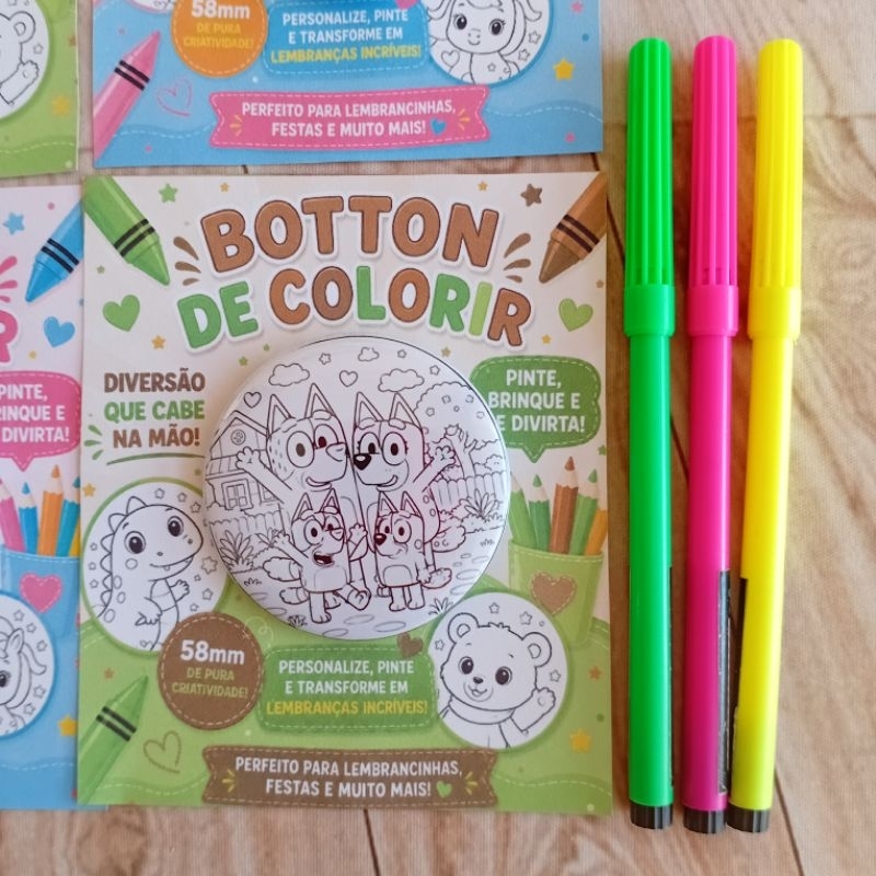 Botton de Colorir Personalizado 58mm com Card | Lembrancinha Infantil para Festa | Diversos Temas