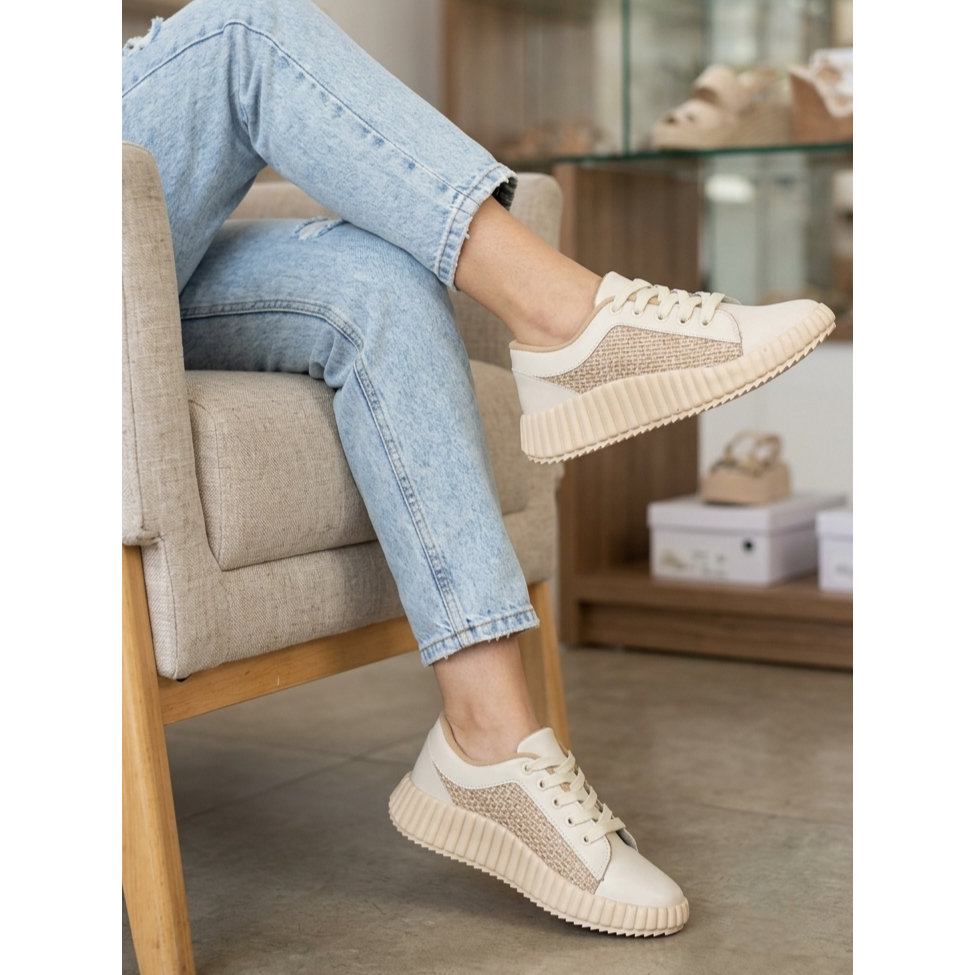 Tênis Feminino Sola Alta Tratorada Flatform Plataforma Detalhe Ráfia Palha Casual Confortável Lançamento