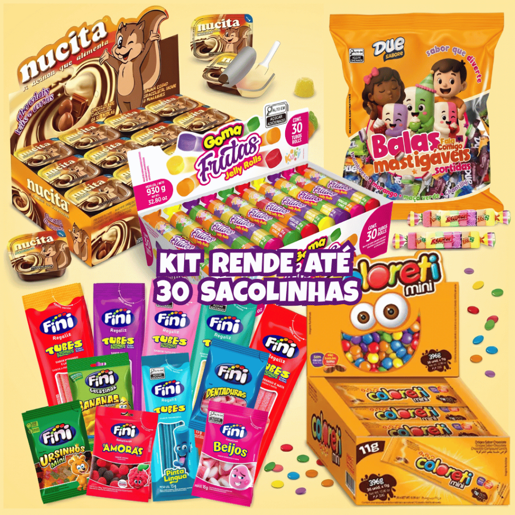 Kit Rende 30 Sacolinhas Surpresa Aniversário Infantil 5 Guloseimas Premium Fini Nucita Confete Bala Goma