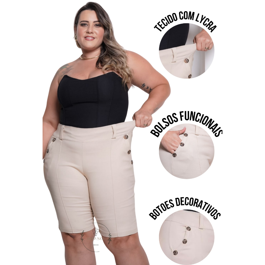 Bermuda Feminina Social Plus Size  3 Botões no bolso  com lycra