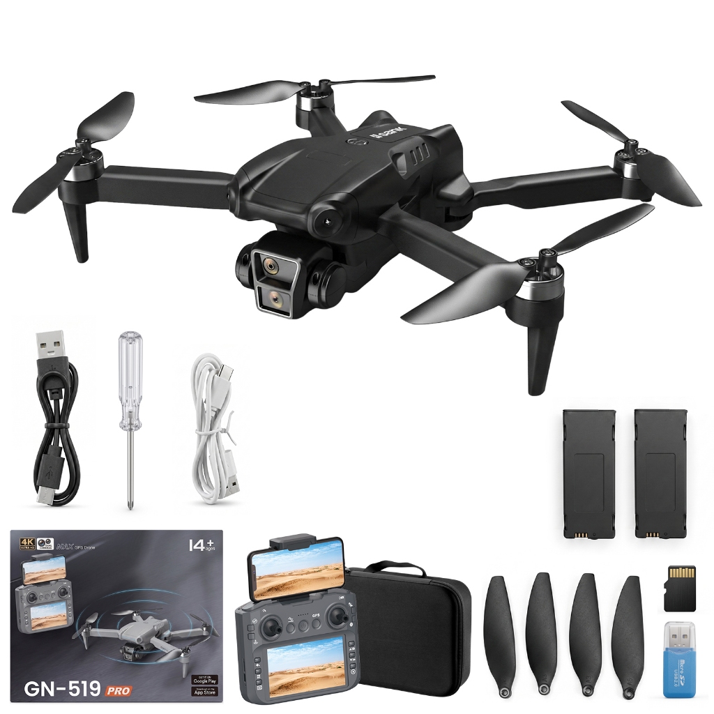 Drone Dobrável GN‑519 PRO GPS + Fluxo Óptico, Foto 4K Vídeo 1080P, Alcance 500m, Cartão TF e Maleta Inclusos