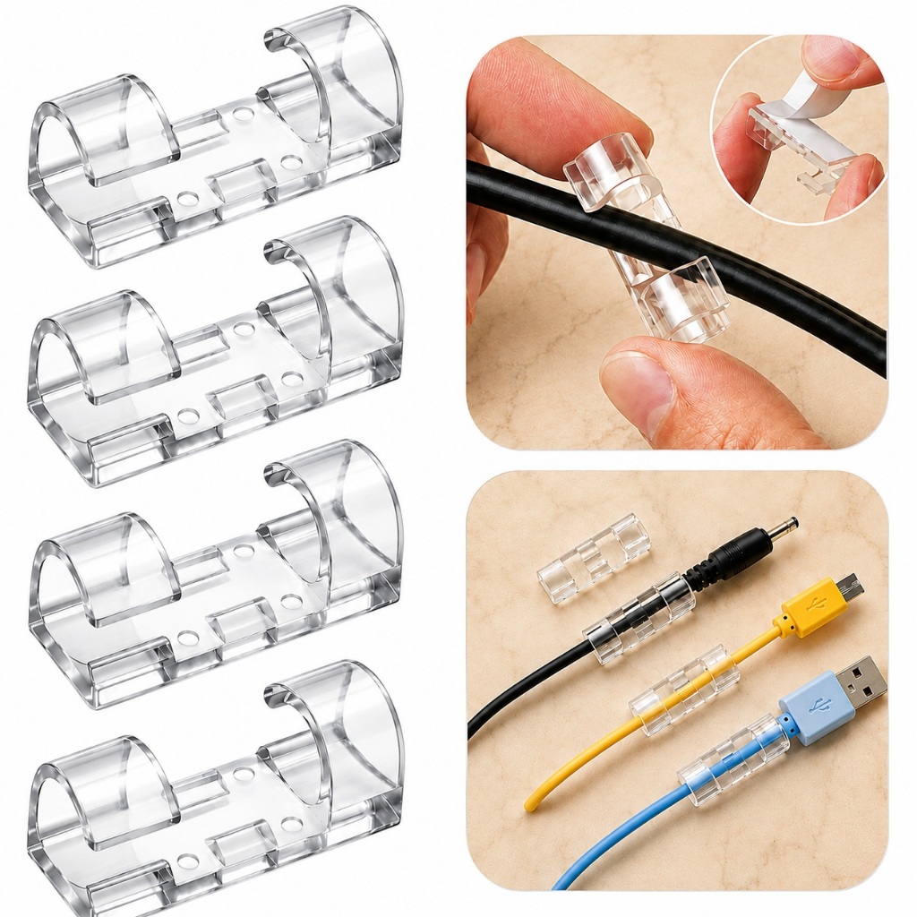 KIT Organizador de Fios e Cabos Autoadesivo Transparente Clips Fixador 100 60 20 10