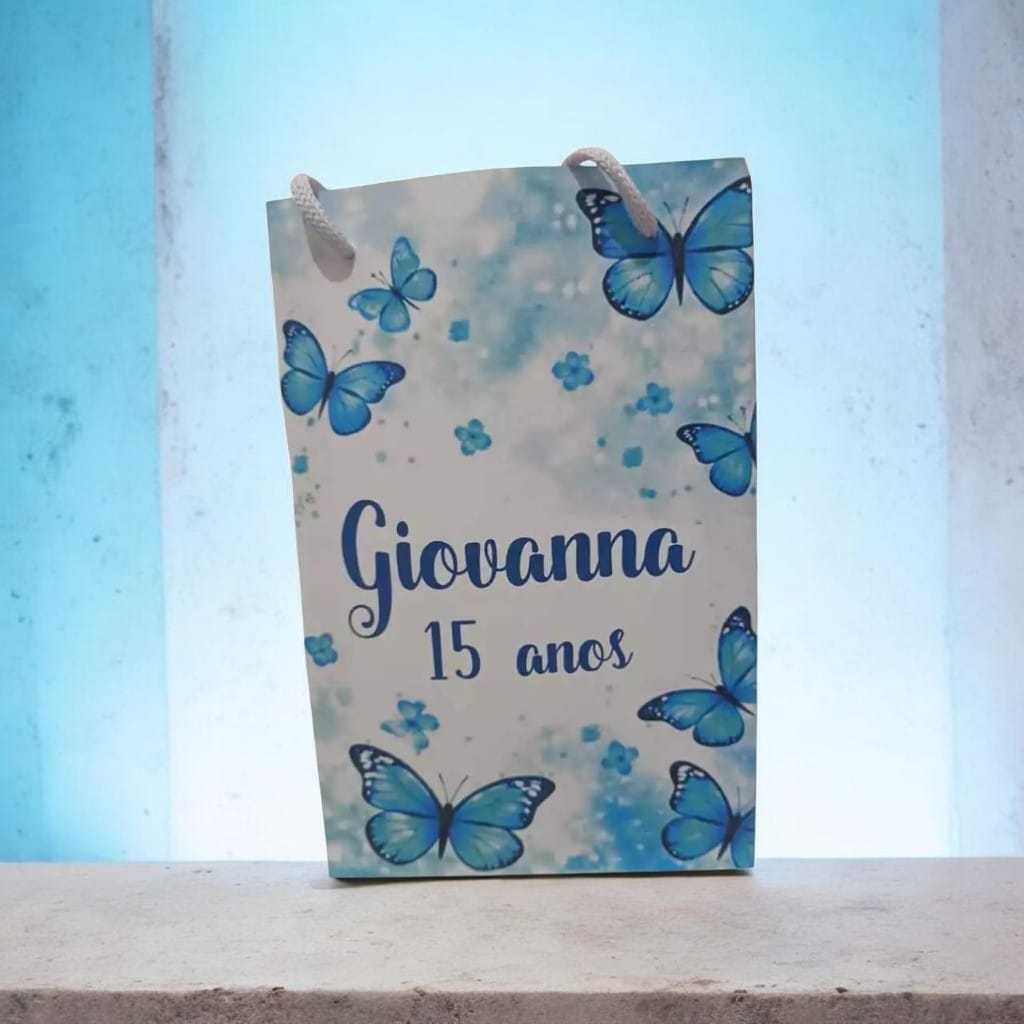 Sacolinha Personalizada com nome e idade (cabe Pipoca) Borboleta Azul Surpresa Festa Aniversário Lembrancinhas