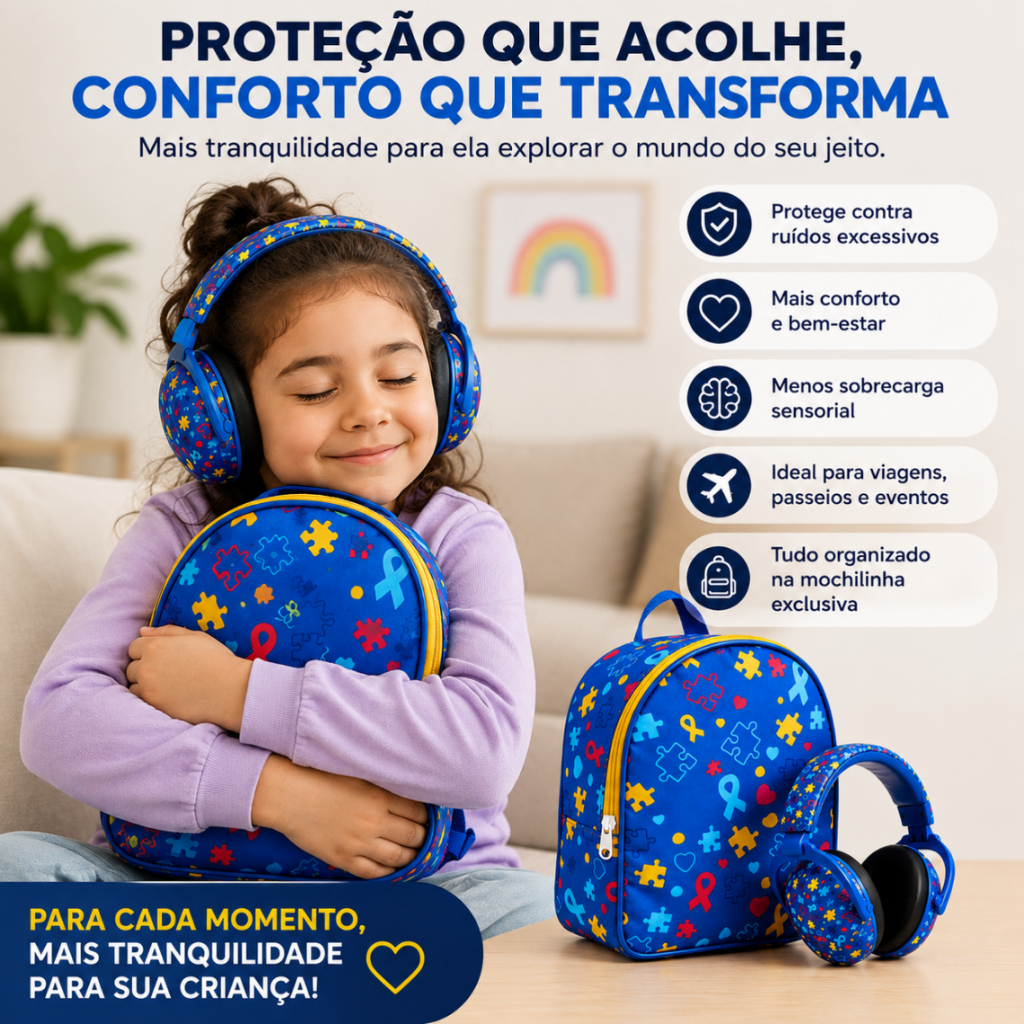 Kit Sensorial Infantil Mochila 22cm Abafador Dark Autismo 32dB Infantil 32dB Mochilinha Escolar Sensorial Tea