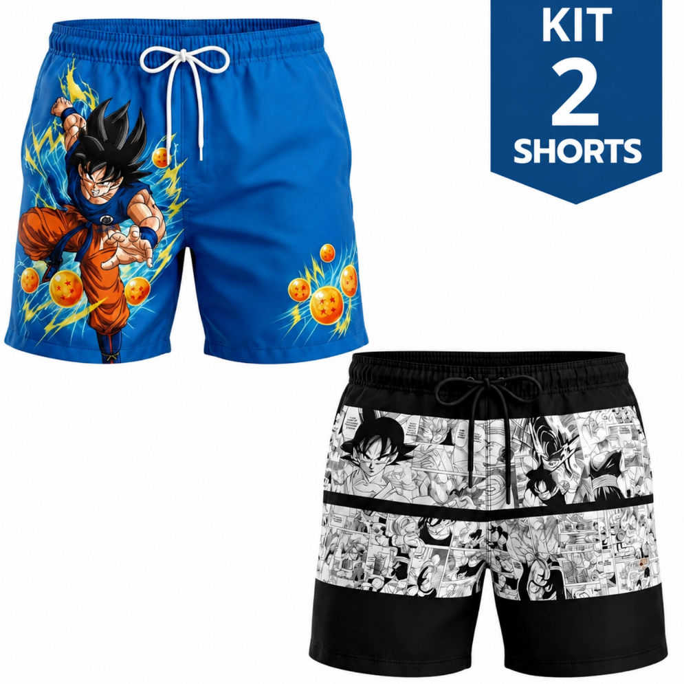 Kit2 Shorts Tactel Estampado Dragon Masculino Mauricinho Anime Desenho Secagem Rápida Elastano Academia Dia a Dia