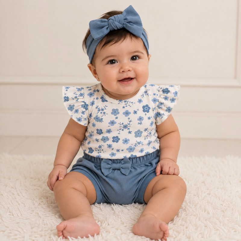 Conjunto body bebê menina em algodão premium de verão/meia estação 3 peças body, calça e turbante ou laço — imagem 2 de 2