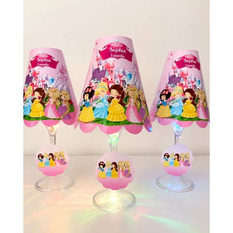 Abajur Centro de mesa com LED Personalizado Princesas – Centro de Mesa e Lembrancinha de Aniversário