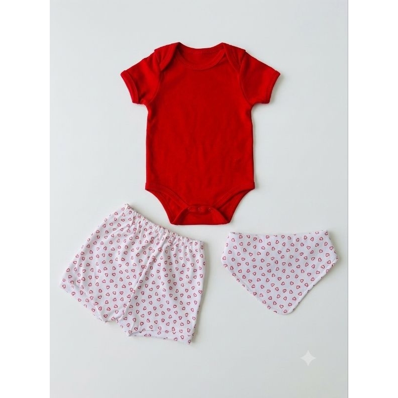 Kit Conjunto Bebê Menino e menina 3 Peças - Body, Short e Bandana Babador Estampado Algodão 100% algodão RN/P/M/G