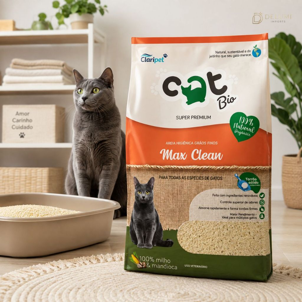 Areia Catbio Biodegradável 4 Kg Max Clean - Grãos Finos Mandioca e Milho 100% Natural  Rápida Absorção Torrões firmes