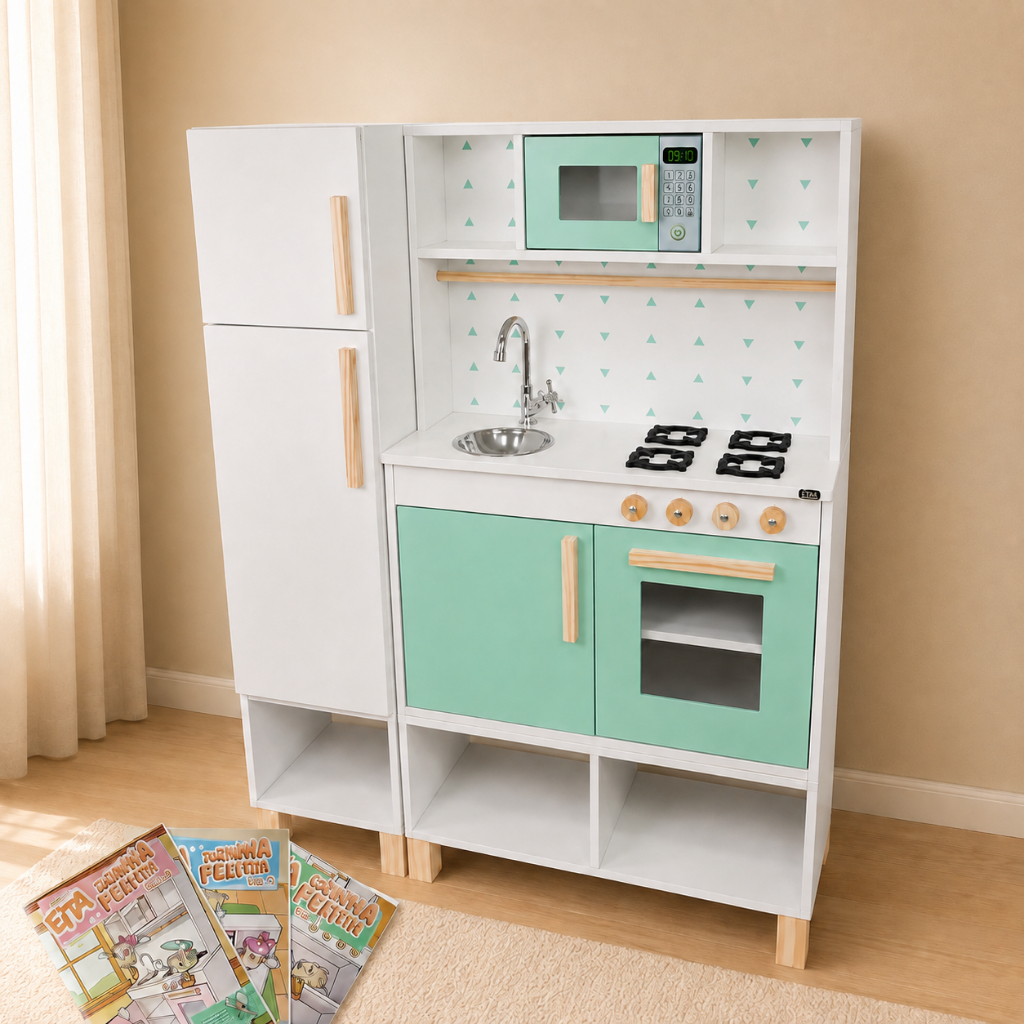 Cozinha Infantil Geladeira Módulo Crescer Madeira Verde Claro Faz de Conta Kit Livro Educativo