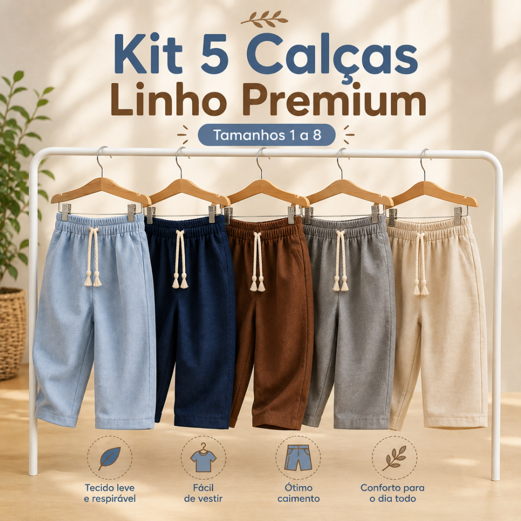 Kit 5 calças de linho infantil menino menina