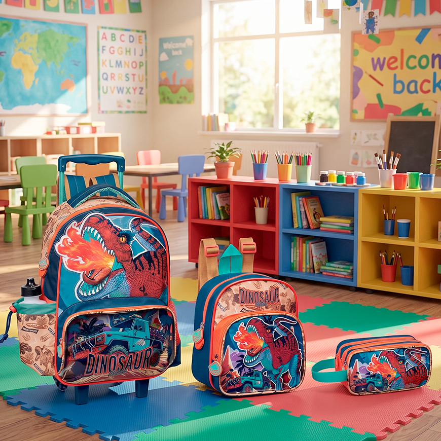 KIT Mochila de Rodinha Lancheira Estojo Infantil Menino Escolar Resistente Dinos