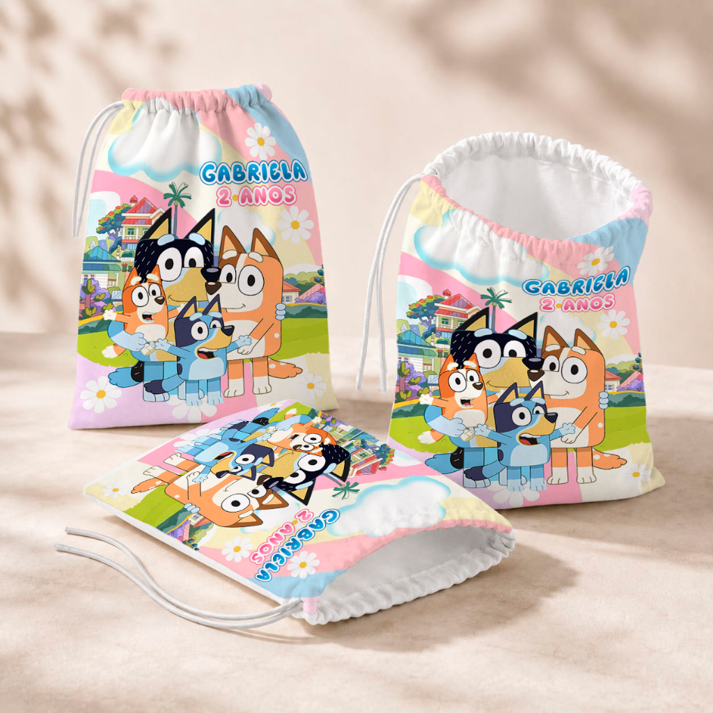 20 Sacolinhas Personalizada Festa Infantil 18x26 Aniversário Lembrancinha Bluey e Pingo Azul e Rosa