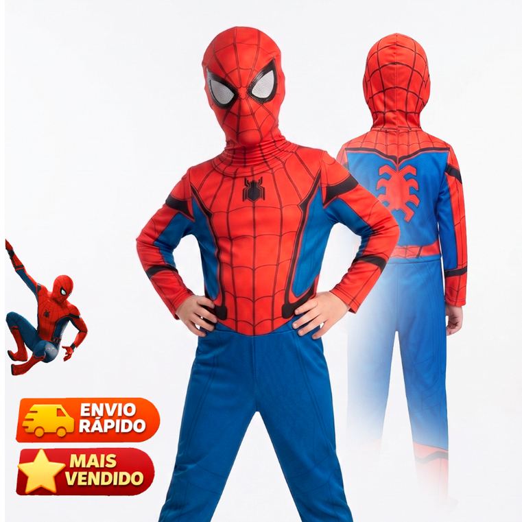 Fantasia Homem aranha infantil Spider Man menino Longa COM CAPUZ | Fácil de Vestir Estica