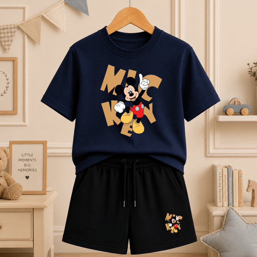 Conjunto Infantil Mickey Mouse menino Estiloso Estampas Divertidas Bermuda + Camiseta 2 ao 16