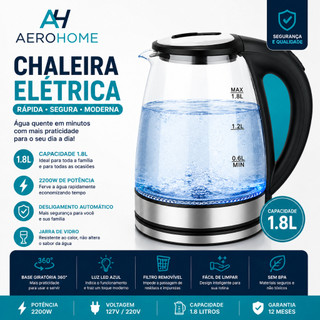 Jarra Chaleira Elétrica De Vidro Ferve Rápido Com Desligamento Automático Base 360º Top - Aero Home