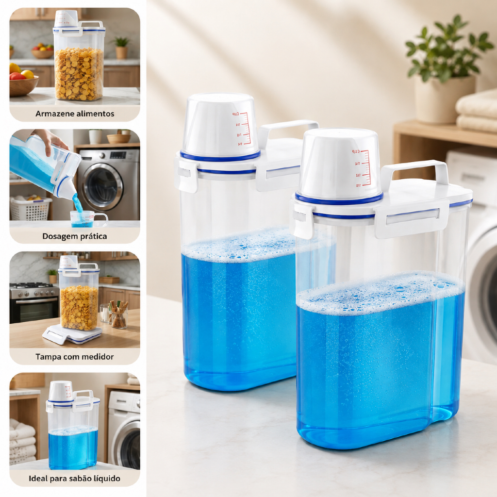 Pote Porta Sabão Pó Liquido Amaciante Dispenser Hermético 2L Organizador Alimentos Grãos Dosadores