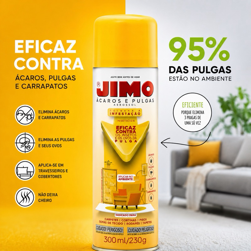 Spray Jimo Ácaros e Pulgas 300ml Elimina Ácaros Pulgas Sofá Cama Estofado Tapete