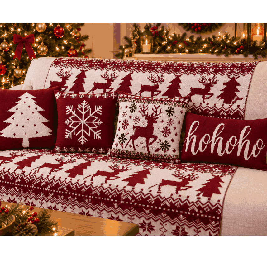 Kit Natalino Manta Tricô + 4 Capas de Almofada Decoração Natal - 40096