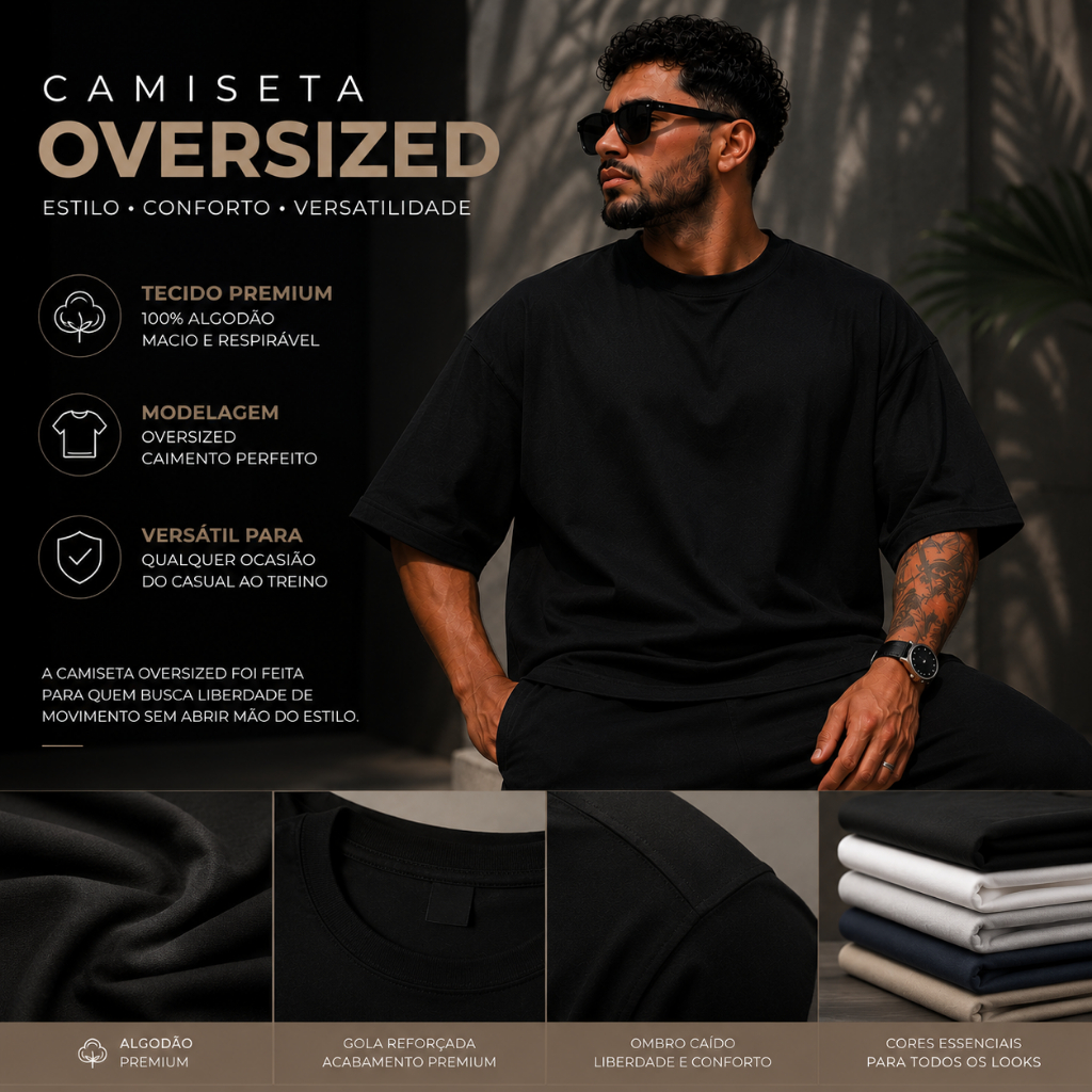 Camiseta Oversized Básica Streetwear Masculina 100% Algodão Padrão Americano Premium