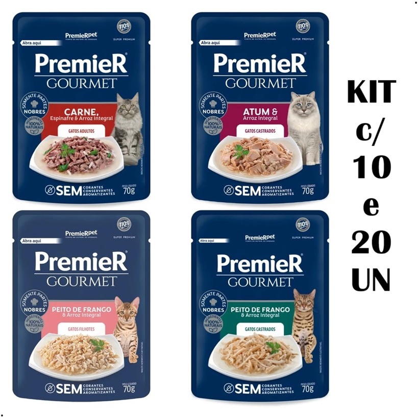Kit 10 e 20 Sachês Premier Gourmet Gatos Adultos Filhotes Gatos Castrados Alimento Úmido Sabores 70g