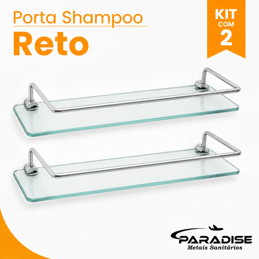 Kit 2 Porta Shampoo de Alumínio Base de Vidro Reto Prateleira para Banheiro Cozinha Organizador 30cm