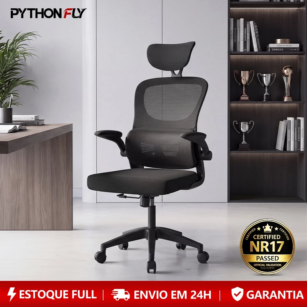 Cadeira de Escritório Ergonômica Com Apoio Lombar e Apoio de Cabeça Cinza com estofado de mesh