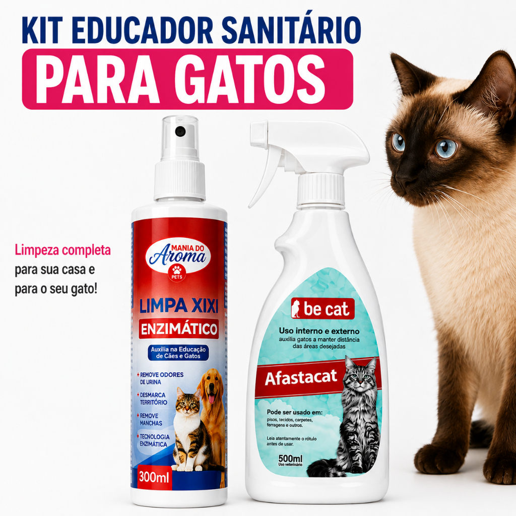 Kit Educador Sanitário para Gatos Xixi Não + Limpa Xixi Enzimático Remove Odor Manchas e Desmarca Território