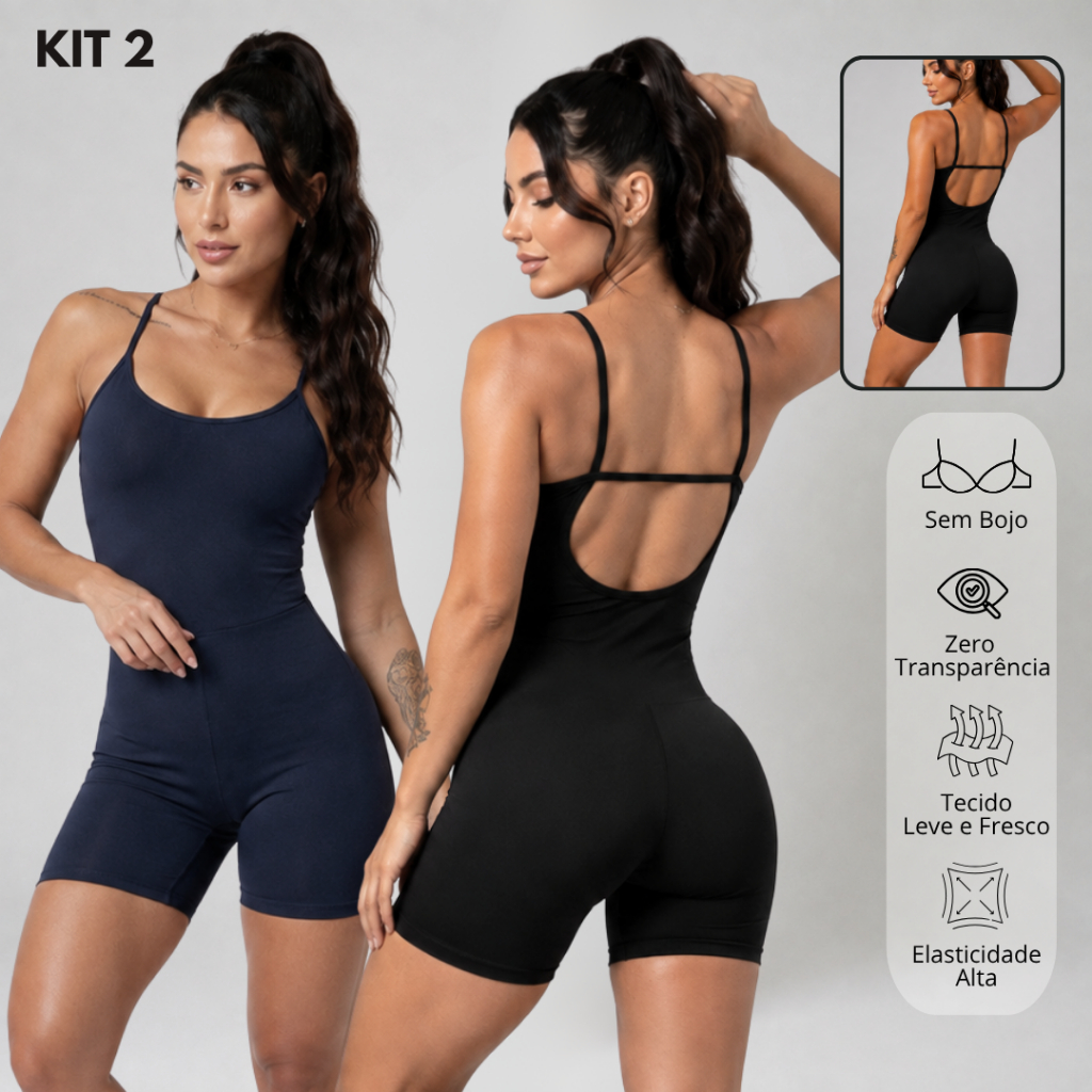 Kit 2 Macaquinho Fitness Sem Bojo Zero Transparência Tecido UV Confortável Academia Treino Feminino