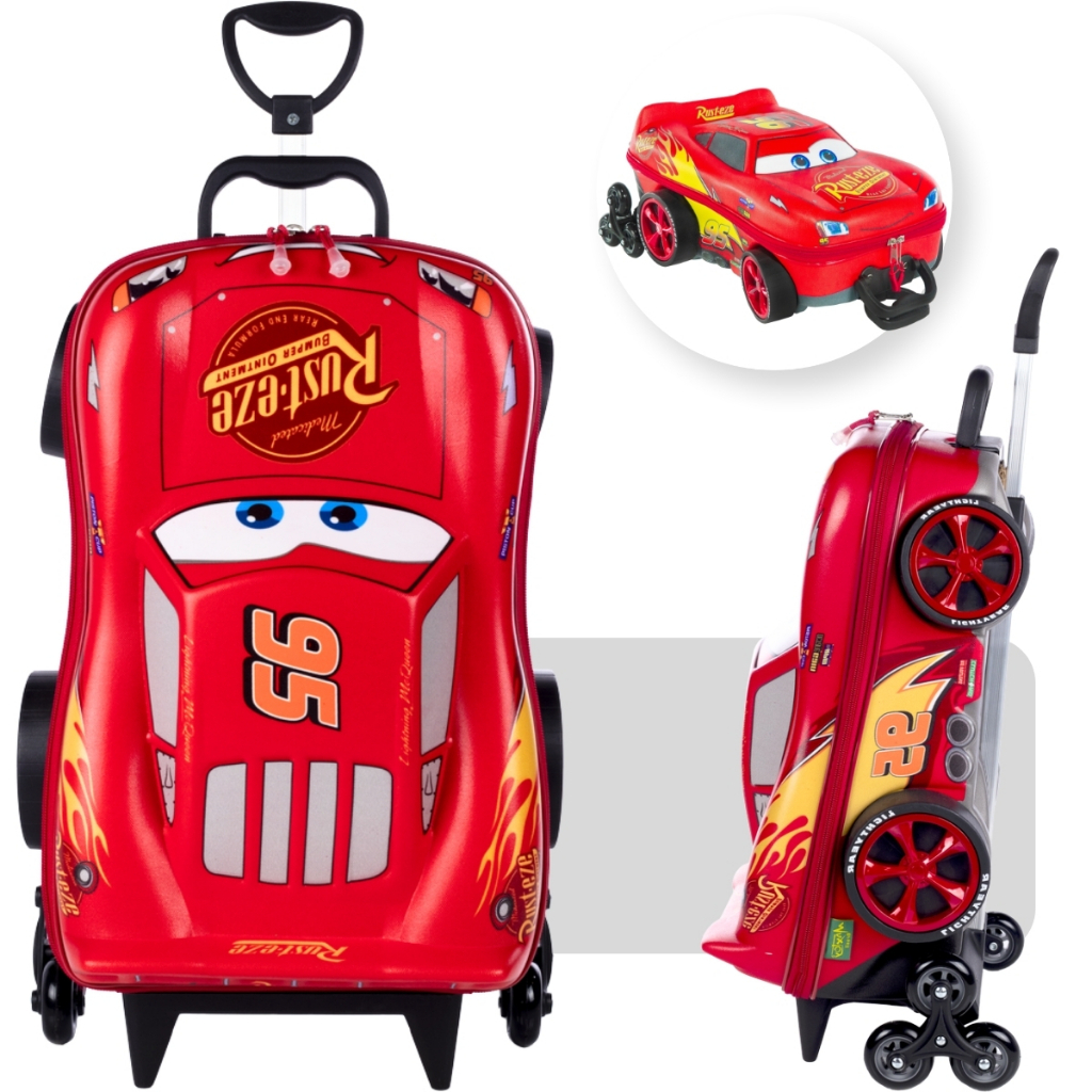 Mala Infantil Mcqueen e Spidey Max Toy 3D com 3 Rodas, Alça Retrátil e Estrutura