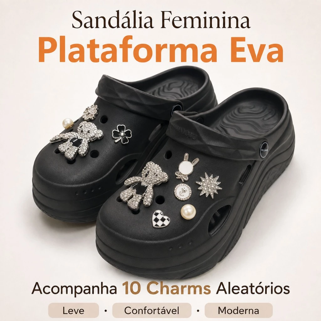 Babuche Feminino de Plataforma em EVA com 10 Charms Inclusos Confortável e Estiloso para Uso Diário e Ocasiões Variadas — imagem 1
