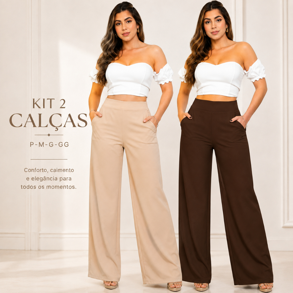 Kit 2 Calças Pantalona Feminina Viscolinho Cintura Alta Com Bolso  Elegante Confortável P ao GG