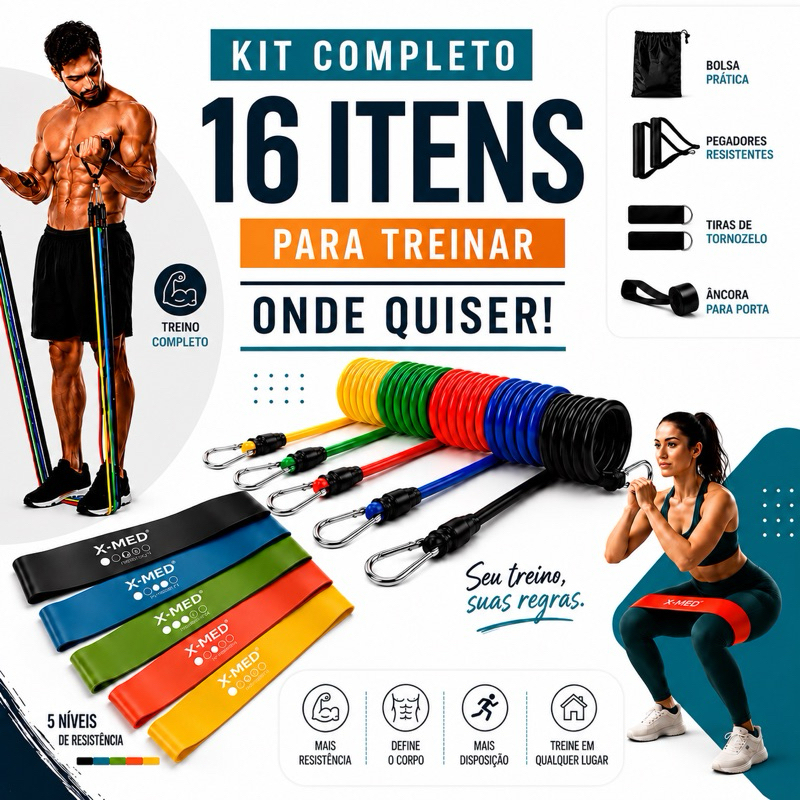 Kit 16 Itens Treino em Casa com Elásticos e Mini Bands