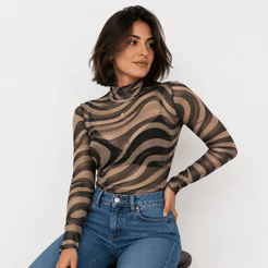 Blusa Cacharrel Feminina De Tule Transparente Manga Longa Gola Alta Com Brilho