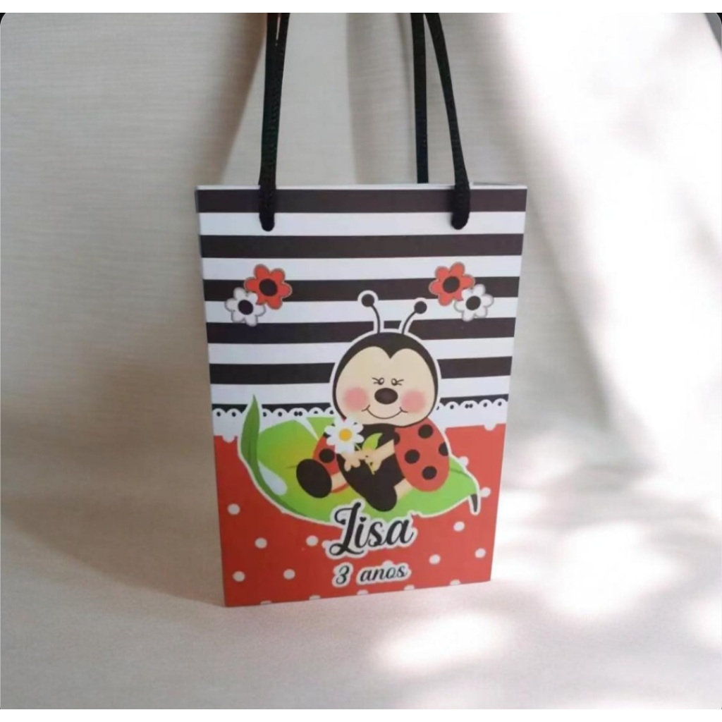 Sacolinha Personalizada com nome e idade 13x20 Joaninha Festa Aniversário Lembrancinhas Personalizadas