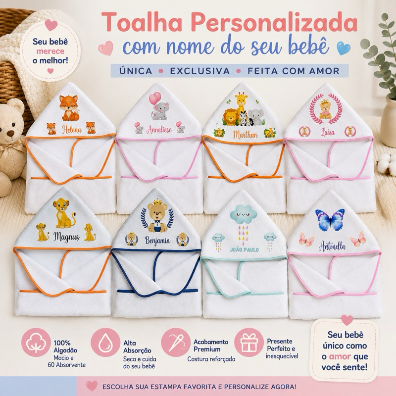 Toalha De Banho Felpuda Bebê Dupla Face Com Capuz Personalizado Forrada com Fralda