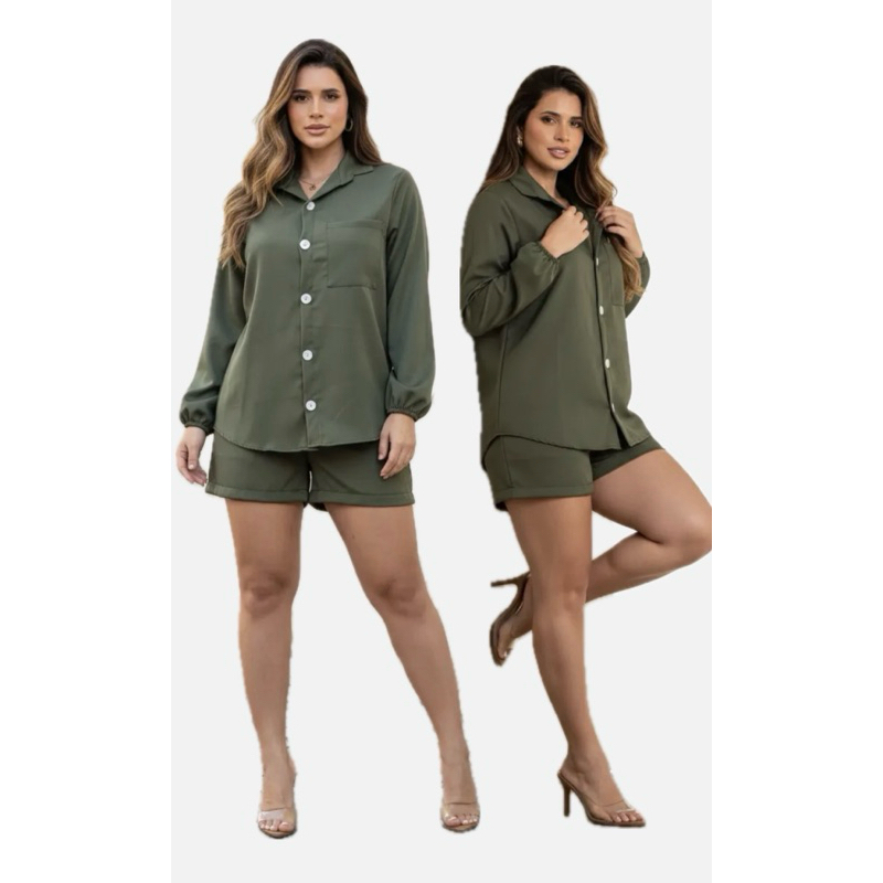 Conjunto Feminino Camisa E Shorts 2 Peças Verão Blogueira Premium Kit Camisa + Short Social Casual Alfaiataria Tendência
