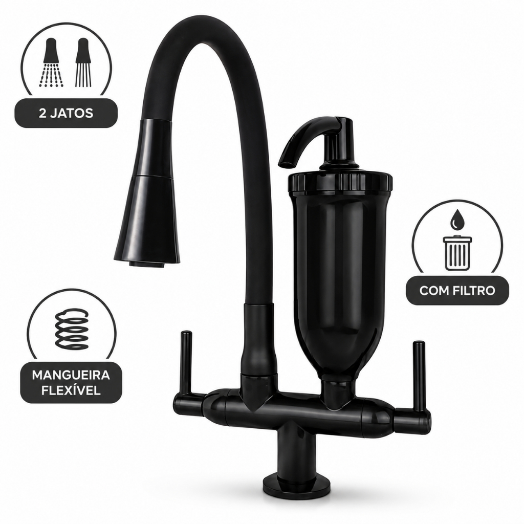 Torneira para Pia de Cozinha com Filtro Bancada Gourmet 2 Jatos Flexível Preta Black 1/4 de Volta